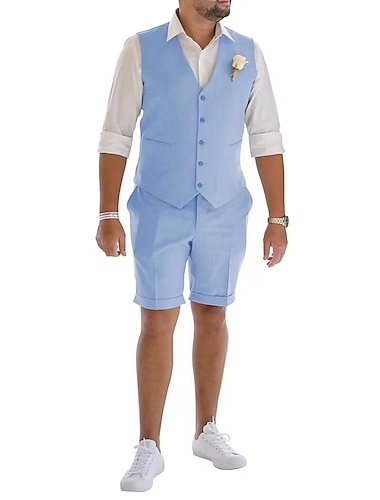  bleu clair ciel bleu hommes mariage shorts gilet plage été mariage gilet lin costumes solide couleur marine foncé causal 2 pièces coupe ajustée 2024