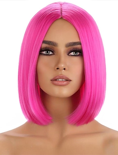  peluca rosa fuerte para mujer peluca rosa fuerte bob peluca corta recta magenta parte media pelucas sintéticas resistentes al calor cosplay fiesta de disfraces