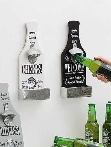  1 abridor de botellas de madera retro, abridor de cerveza colgante montado en la pared, herramientas de bar, proceso de galvanoplastia de aleación, bar, decoración de pared de café