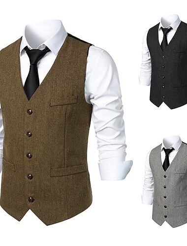  בגדי ריקוד גברים וסט Gilet לבוש יומיומי חופשה ליציאה וינטאג' אופנתי קיץ & אביב לַחְצָן פוליאסטר נוח אחיד חזה יחיד צווארון V רגיל אפור כהה אפור בהיר קפה אֵפוֹד