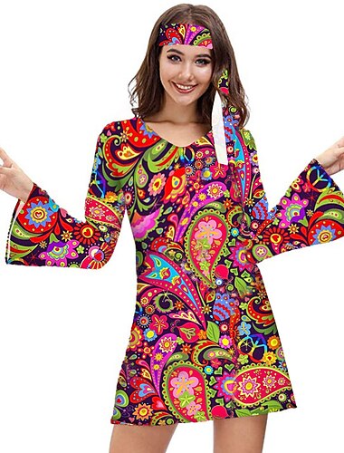 Retro Vintage Hippie 1970er Kleid Stirnband Trompetenärmel Hippie 3D Damen Halloween Karneval Maskerade Urlaub Alltagskleidung Musikfestival Erwachsene Kleid Frühling & Sommer