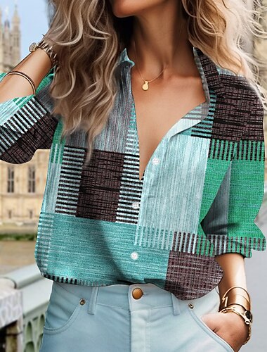  Camicia da Donna Vintage Quotidiana Base Color Block Stampa Bottoni con Maniche Lunghe Top Regolari Collo Camicia Casual Rosa Blu Marrone Verde Autunno e Inverno