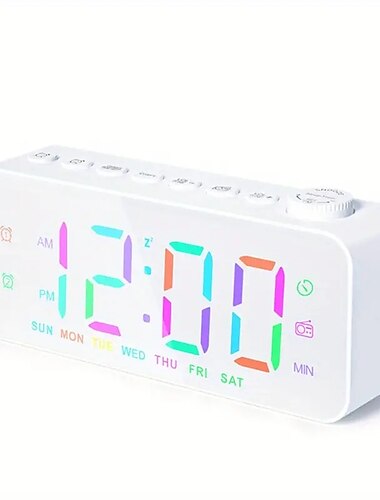  1 Stück dynamischer RGB-Farbwechsel-FM-Radio-Digitalwecker mit Sleep-Timer und Dual-Alarm – 8 Farben 12/24 Stunden elektronische LED-Uhr