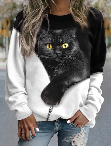  женская толстовка-пуловер cat street casual черная спортивная базовая круглая горловина длинный рукав топ микро-эластичная осень&amp;Зимний комфорт, дышащая мягкая ткань
