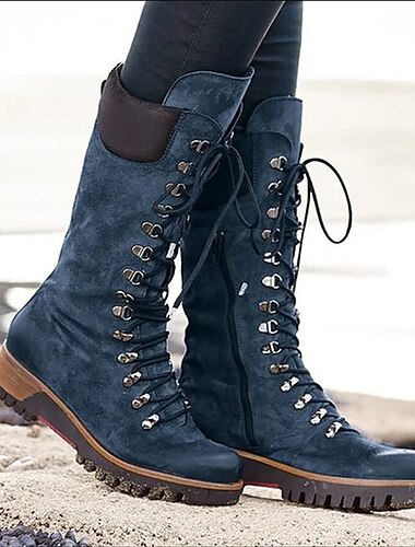  Botas de combate con cordones de gamuza azul marino para mujer con cremallera lateral y suela resistente: elegantes botas de caña alta para aventuras invernales y al aire libre
