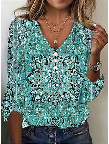  Damen T Shirt Henley Shirt Blumen Vintage Ethnisch Täglich Basic 3/4 Ärmel V Ausschnitt Normale Oberteile Festtage Wochenende Knopf Bedruckt Rote Purpur Grün Khaki Grau Herbst Winter