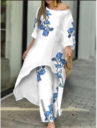  Damen Elegant Modisch Strassenmode Hemd Hosen-Sets Hosen Hose Langarm Rundhalsausschnitt Blumen Schmetterling Bedruckt Casual Festtage Weiß Gelb Rote Herbst Winter Regular Fit