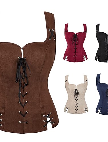  Rétro Vintage Médiéval Renaissance Gilet en daim Ren Faire Pirate Viking Cordon de serrage Couleur Unie Femmes Pirate Fantaisie Steampunk Halloween Carnaval Mascarade LARP Foire de la Renaissance