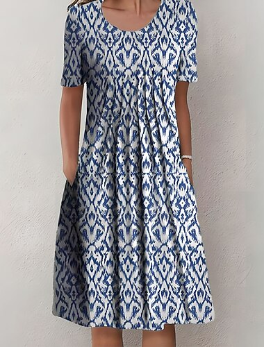  Femmes Robe Midi Robe Décontractée Robe fourreau Basique Occasionnel Vacances Quotidien Week-end Coupe régulière Géométrique Manche Courte Col ras du cou Bleu Été Printemps