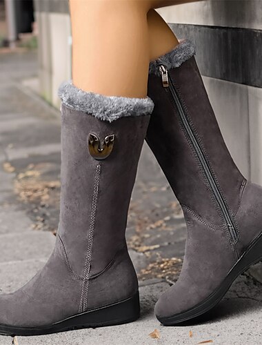  Schwarze Wildleder-Winterstiefel für Damen mit Kunstfellfutter und seitlichem Reißverschluss – warme und stylische Stiefel mit halbhoher Sohle für kaltes Wetter