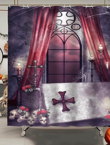  Halloween-Horror-Duschvorhang mit Haken, Halloween-Badezimmer-Dekor, wasserfester Stoff-Duschvorhang-Set mit 12 Kunststoff-Haken, Skelett-Kürbis-Hexe