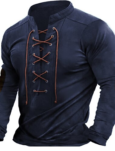  Herren Henley Hemd T-Shirt Langarmshirt Langarm Henley Sommer Farbblock Mode Designer Basic Schnürung Urlaub Straße Ausgehen Dunkelgrau Schwarz Blau Top T-Shirt für Herren