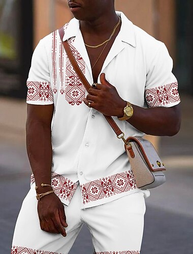 Herren Blumen Grafikdrucke Geometrie Hemden-Sets Hemd Hemd Set Sommer Hawaiihemd Kurze Ärmel Kubanisches Halsband Mode Streetwear Designer Outdoor Straße Lässig Druck Sommer Frühling Rote Grün Grau
