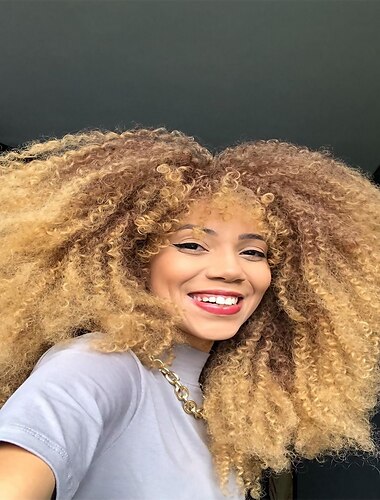  شعر مستعار مجعد طويل 18 بوصة مع الانفجارات للنساء السود شعر مستعار أفرو بومب كينكي مجعد شعر صناعي رقيق وناعم