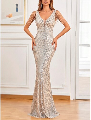  robe de soirée sirène robe à paillettes robe de soirée de mariage formelle balayage / pinceau train sans manches col en V robe de mascarade robe pour impressionner 2025