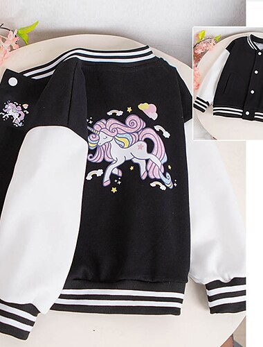  kinderkleidung Mädchen Baseball Jacke Einhorn Aktiv Taste Schulanfang Mantel Oberbekleidung 3-12 Jahre Herbst Schwarz Rosa Blau