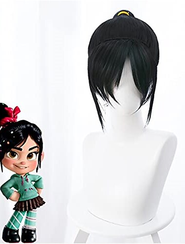 appliquer à wreck-it ralph vanellope von schweetz cosplay perruque vanellope von schweetz noir haute queue de cheval anime prop perruques halloween perruques