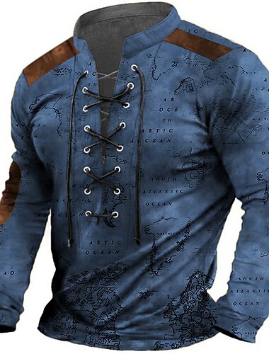  Herren Weltkarte Grafik-Drucke Grafischen T-Shirt Vintage-Shirt Langarm T-Shirt Hemd Modisch Designer Brautkleider schlicht Outdoor Urlaub Freizeitskleidung Schwarz Braun Grün Frühling & Herbst