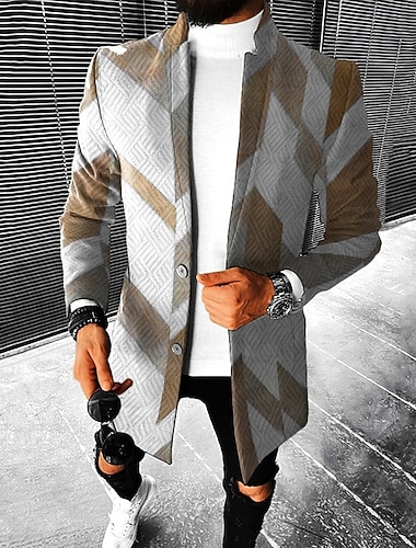  Voor heren Geometrie Winterjas Overjas Jas Houd Warm Comfortabel Ademend Modieus Streetwear Zakelijk Werk Draag naar het werk Uitgaan Zak Afdrukken Herfst winter Strijkijzer Lange mouw Bruin khaki