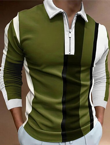  Herren Gestreift Poloshirts mit Reißverschluss Golfshirt Langarm Polo-Shirts Hemden mit Kragen Business-Casual Arbeitskleidung Formelle Kleidung Festivalkleidung 3D-Druck