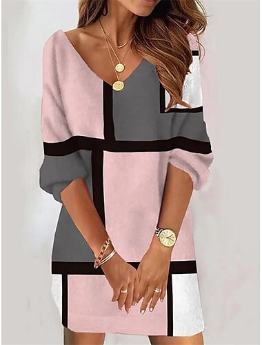  Women's Sweatshirt Dress Geometric Plaid Print V Neck Mini Dress Daily Date 3/4 Length Sleeve Fall