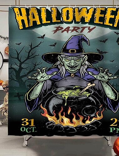  Halloween-Horror-Duschvorhang mit Haken, Halloween-Badezimmer-Dekor, wasserfester Stoff-Duschvorhang-Set mit 12 Kunststoff-Haken, Skelett-Kürbis-Hexe