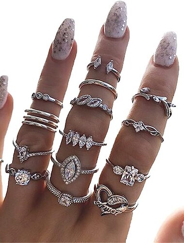  15 piezas por juego de anillos de apilamiento de nudillos para mujeres conjuntos de anillos de declaración de dedo de diamantes de imitación de cristal anillos medios de nudo de articulación vintage