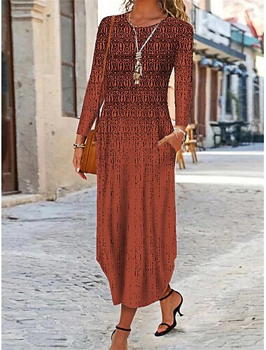  Damen Maxi Kleid Ethno Kleid Druck Kleid Frühlingskleid Vintage Ethno Tribal Outdoor Urlaub Alltag Regulär Fit Floral Tribal Langarm Rundhals Weiß Gelb Wein Blau Sommer Frühling Herbst