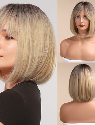  parrucca caschetto bionda con frangia parrucche caschetto corto da donna parrucca bionda corta con radici scure parrucca sintetica resistente al calore dall'aspetto naturale per l'uso quotidiano