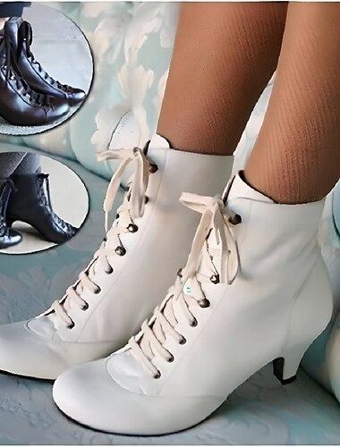  Women's Boots Combat Boots Heel Boots Daily Solid Color Booties Ankle Boots Kitten Heel Chunky Heel Pointed Toe Elegant Vintage PU Lace-up Black White Brown