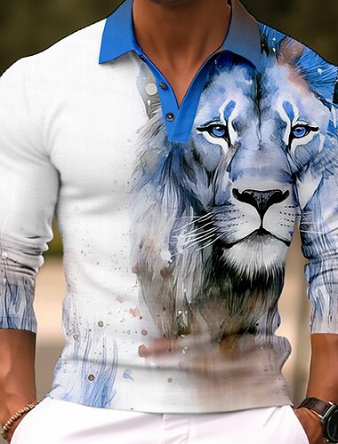  Miesten Leijona Poolopaidat Golfpaita Pitkähihainen Poolopaidat Kauluspaidat Vapaa-aika Hauska Katuvaatteet Lomavaatteet Juhla-asut 3D-tulostus Napit Keltainen Rubiini Sininen