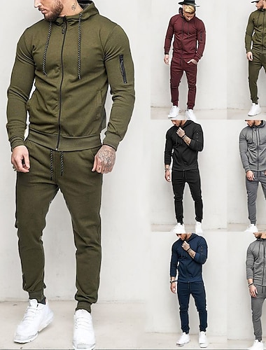  Voor heren Trainingspak sweatsuit Donker Grijs Zwart Leger Groen Bordeaux Donker Marineblauw Capuchon Effen Trekkoord 2-stuks Zak met rits Sportief Sportkleding Herfst Winter Kleding Hoodies