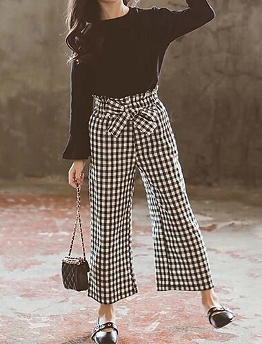  2 Stück kinderkleidung Mädchen Plaid Hosenanzug einstellen Langarm Modisch Outdoor 7-13 Jahre Herbst Schwarz