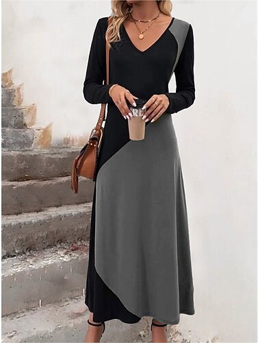  Women's T Shirt Dress Tee Dress A Line Dress Geometric Color Block Pocket Print V Neck Long Dress Maxi Dress Daily Date Long Sleeve Spring Fall