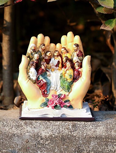  Das letzte Abendmahl Jesus und 12 Jünger Figuren Palmen christliche religiöse Harzstatuen, Heimdekoration Garten Miniatur Landschaft Ornamente Innenfiguren