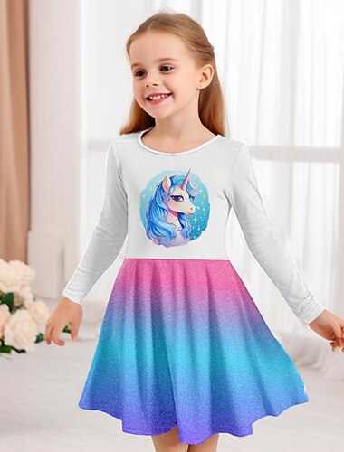  Mädchen' 3D Graphic Einhorn Kleid Langarm 3D-Druck Sommer Frühling Herbst Urlaub Sport & Natur Täglich Kuschelig Brautkleider schlicht Schön kinderkleidung 3-12 Jahre Casual kleid A Linie Kleid Übers