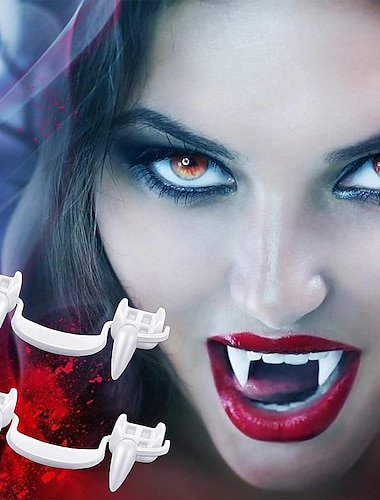  Dientes de colmillos de vampiro retráctiles Kit de colmillos telescópicos realistas Dientes de vestir de plástico espeluznante de miedo Fiesta de carnaval de Halloween Decoración de cosplay 2 pares