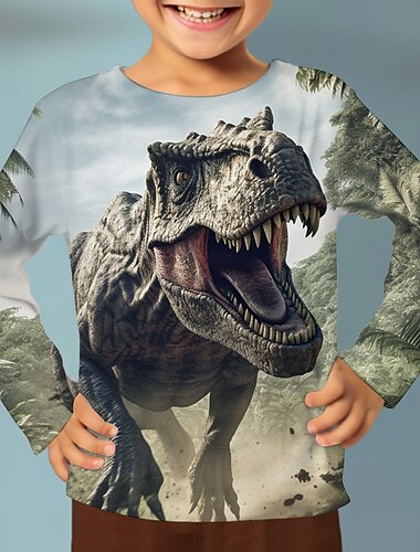  Jungen 3D Graphic Tier Dinosaurier T-Shirt Langarm 3D-Druck Sommer Frühling Herbst Sport Modisch Strassenmode kinderkleidung 3-12 Jahre 4-12 Jahre Outdoor Casual Täglich Regular Fit