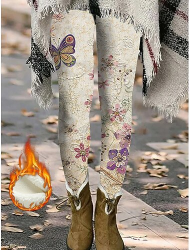  Dames Leggings Gezellige leggings Modieus Zacht Volledige lengte Natuurlijk Bloemig Vlinder Afdrukken Thermisch Warm Comfortabel Micro-elastisch Vakantie Dagelijks Lichtgrijs White + roze donkergrijs