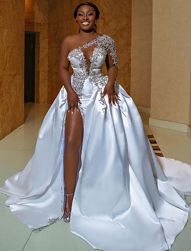  Επίσημο Φορεματα για γαμο Βραδινή τουαλέτα Ένας Ώμος Κανονικοί ιμάντες Ουρά μέτριου μήκους Σατέν Νυφικά φορέματα Με Χάντρες Με Άνοιγμα Μπροστά 2024