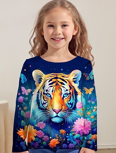  Voor meisjes 3D Grafisch dier Tijger T-shirt Lange mouw 3D-afdrukken Herfst Winter Actief Modieus leuke Style Kinderen 3-12 jaar Buiten Casual Dagelijks Normale pasvorm