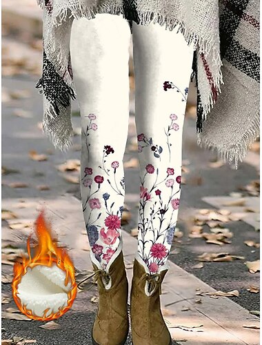  Femme Legging Mode Flexible Toute la longueur Taille moyenne Fleur Imprimer Chaud Confortable Micro-élastique Vacances du quotidien Bleu œuf de mer Blanc / Blanc Marron Toutes les Saisons