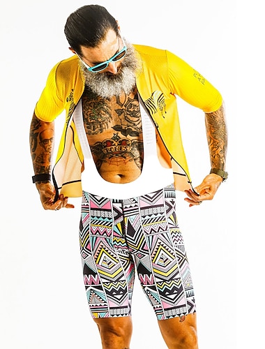  Homens Camisa com Bermuda Bretelle Manga Curta Ciclismo de Montanha Ciclismo de Estrada Amarelo Moto Conjuntos Tapete 3D Respirável Secagem Rápida Bolso Traseiro Poliéster Elastano Esportes Geométrica