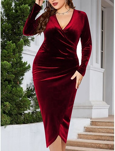  Damen Übergröße velvet kleid abendkleider Cocktailkleid Rüschen V Ausschnitt Langarm Midikleid Geburtstag Urlaub Schwarz Wein Frühling Winter