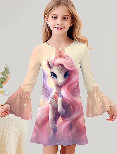  Mädchen' 3D Graphic Karikatur Einhorn Kleid Langarm 3D-Druck Sommer Herbst Urlaub Sport & Natur Täglich Kuschelig Brautkleider schlicht Schön kinderkleidung 3-12 Jahre Casual kleid A Linie Kleid