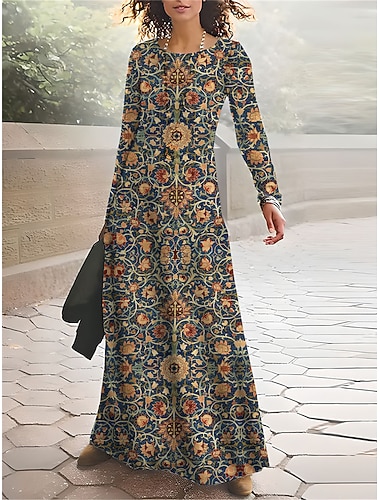  Damskie Długa sukienka sukienka maxi Zimowe ubranie Sukienka A line Sukienka z nadrukiem Moda Nowoczesny Dojrzały Na zewnątrz Urlop Codzienny Regularny Kwiaty Długi rękaw Półgolf Granatowy Jesień Zima