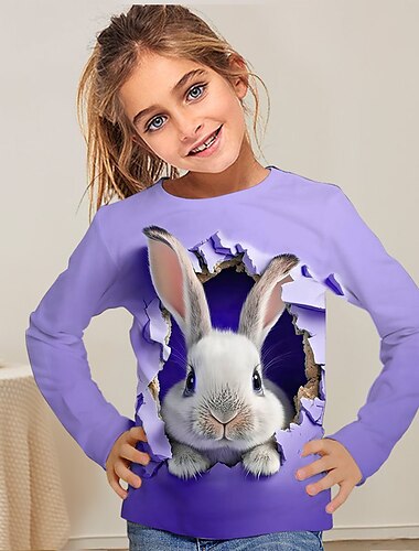  Girls' 3D Cartoon Rabbit Bunny T shirt Tee Long Sleeve 3D Print Summer Fall Active Fashion Cute Polyester Kids 3-12 Years Outdoor Casual Daily Regular Fit