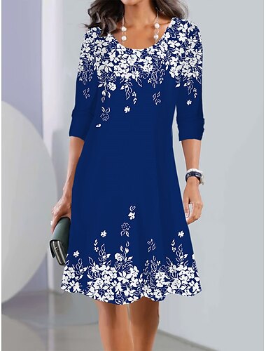  Damen Mini Kleid Petite Kleid T-Shirt Kleid Tee Kleid Sommerkleid Print Kleid Mode Streetwear Modern Outdoor Urlaub Straße Lockere Passform Floral Langarm Rundhalsausschnitt Wein Navy Blau Grün