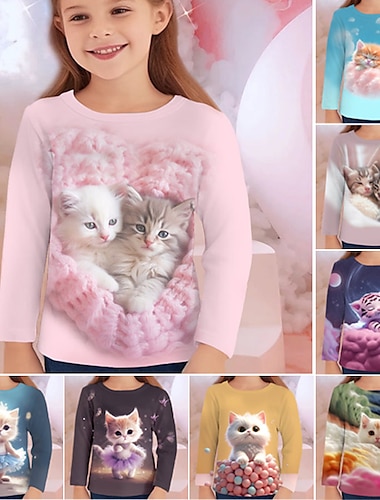  Mädchen 3D Graphic Karikatur Katze T-Shirt Langarm 3D-Druck Sommer Herbst Aktiv Modisch Kuschelig Polyester kinderkleidung 3-12 Jahre Outdoor Casual Täglich Regular Fit