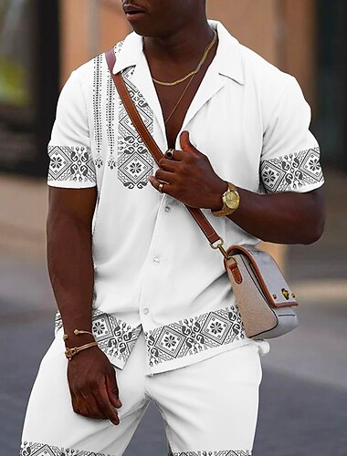  Herren Blumen Grafikdrucke Geometrie Hemden-Sets Hemd Hemd Set Sommer Hawaiihemd Kurze Ärmel Kubanisches Halsband Mode Streetwear Designer Outdoor Straße Lässig Druck Sommer Frühling Rote Grün Grau